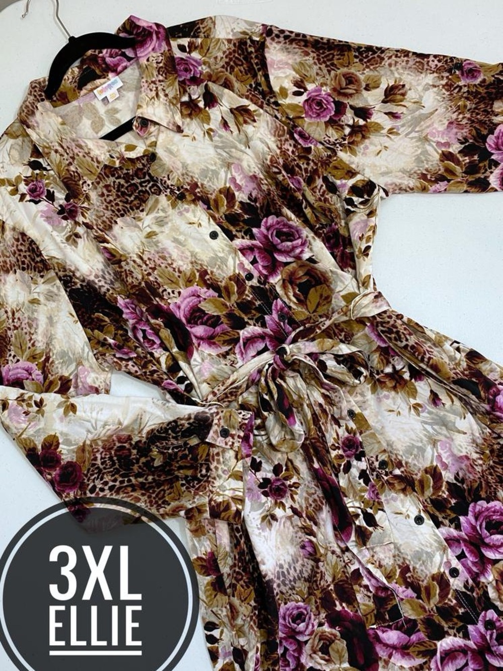 LuLaRoe Floral & Animal Print Long Sleeve Button Dress in Purple and Brown